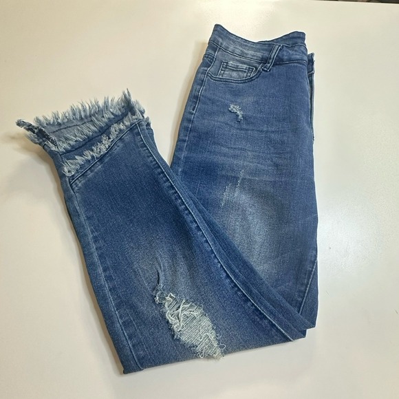 Crazy Train Denim - Crazy Train Women's Jeans Blue Distressed Layered‎ Frayed Hem Cropped Size 7